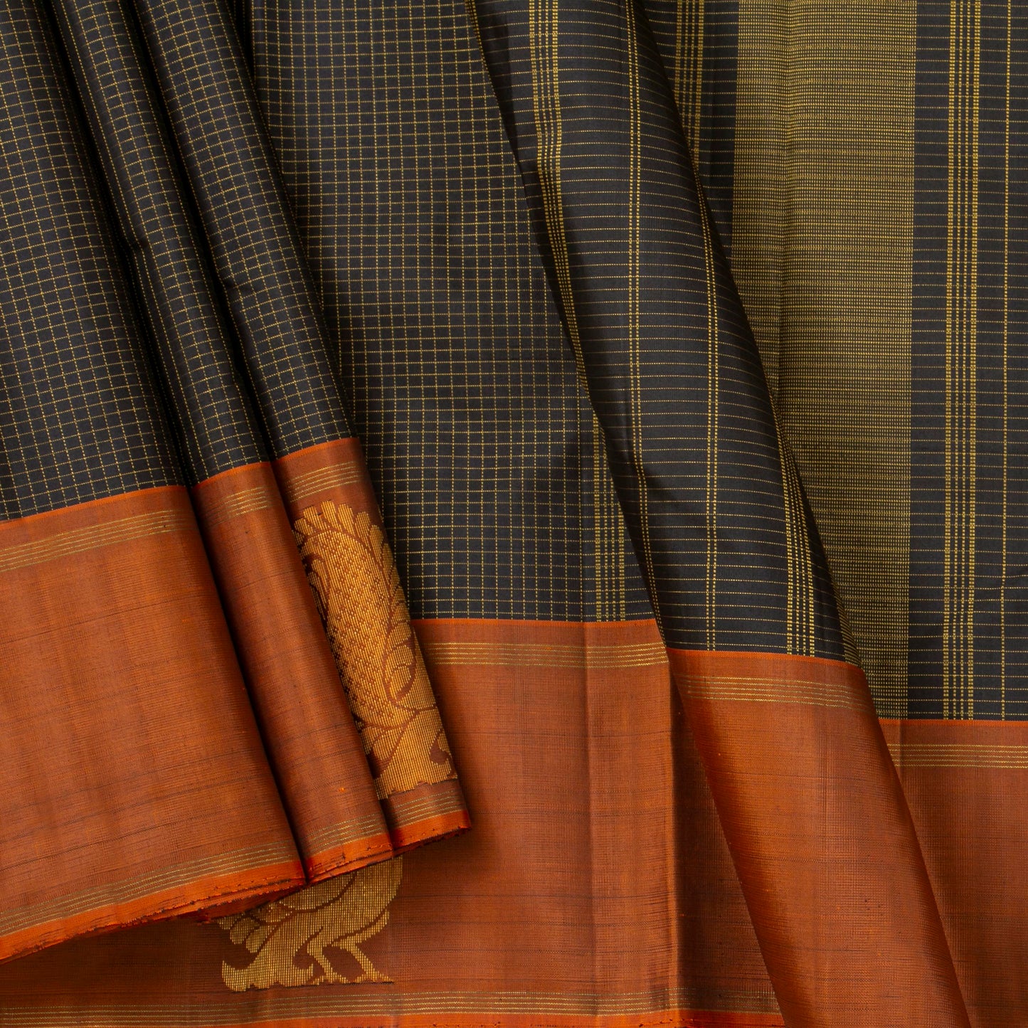 Black And Rust Kanchipuram Silk Saree For Festive Wear PV NYC 1878