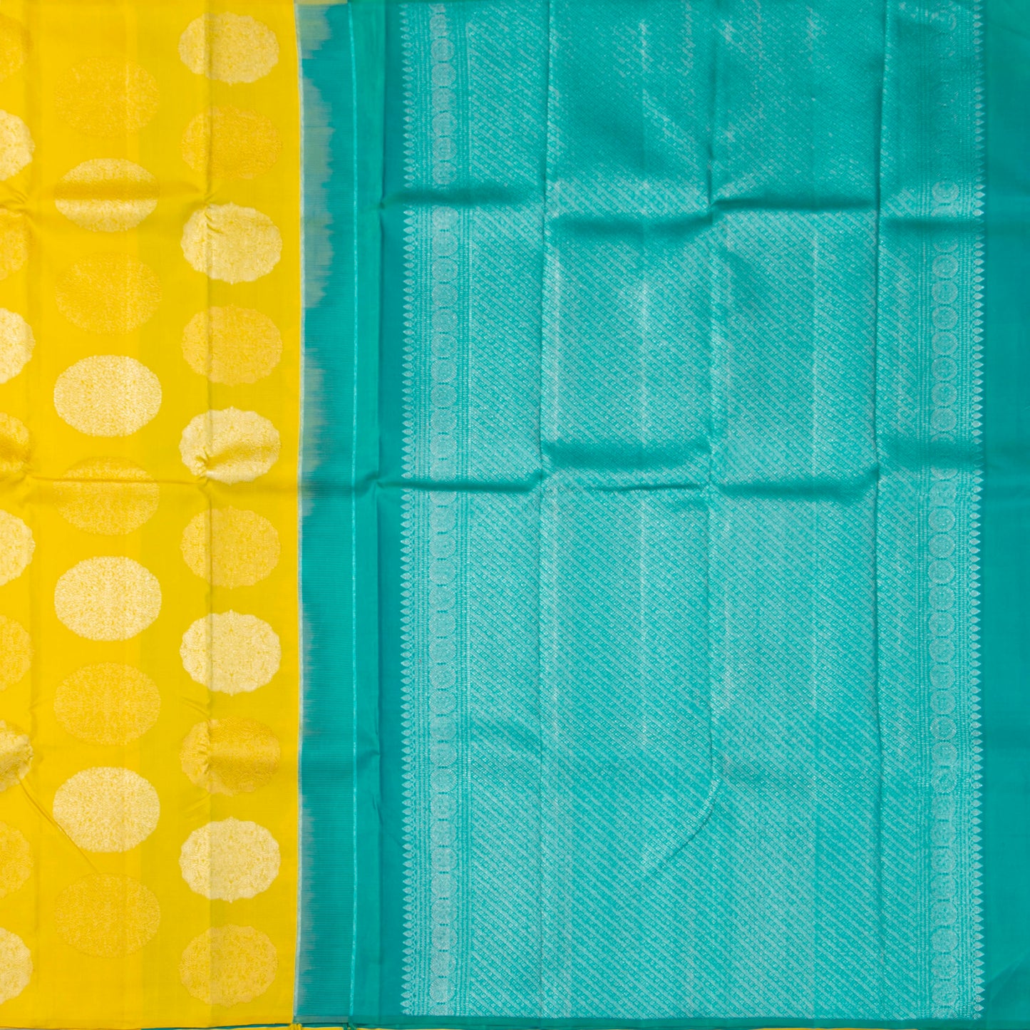 Yellow And Aqua Blue Kanchipuram Silk Saree For Festive Wear PV NYC 1834