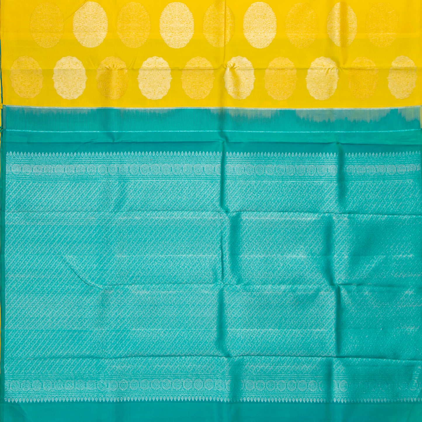 Yellow And Aqua Blue Kanchipuram Silk Saree For Festive Wear PV NYC 1834