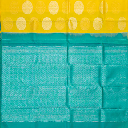 Yellow And Aqua Blue Kanchipuram Silk Saree For Festive Wear PV NYC 1834
