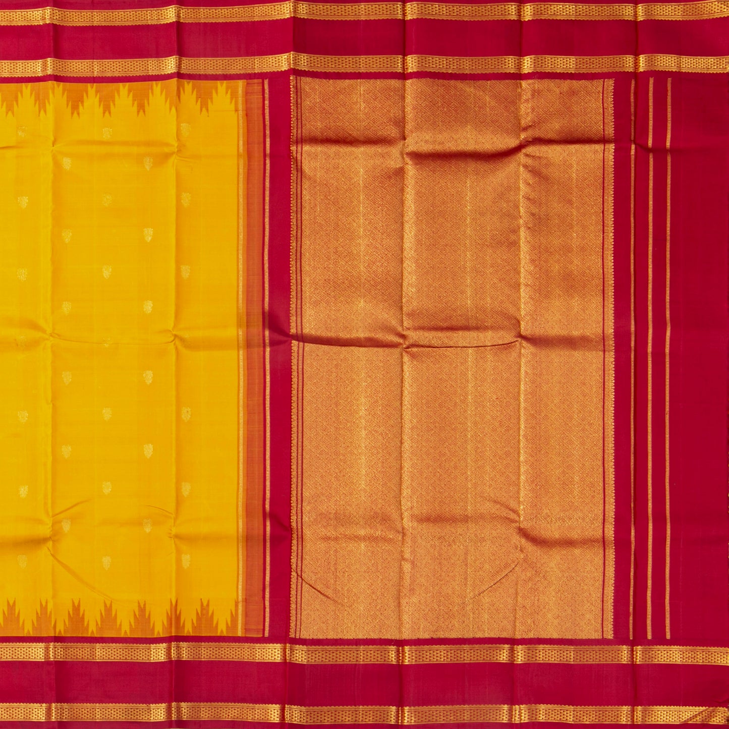 Yellow And Red Kanchipuram Silk Saree For Festive Wear PV NYC 1745