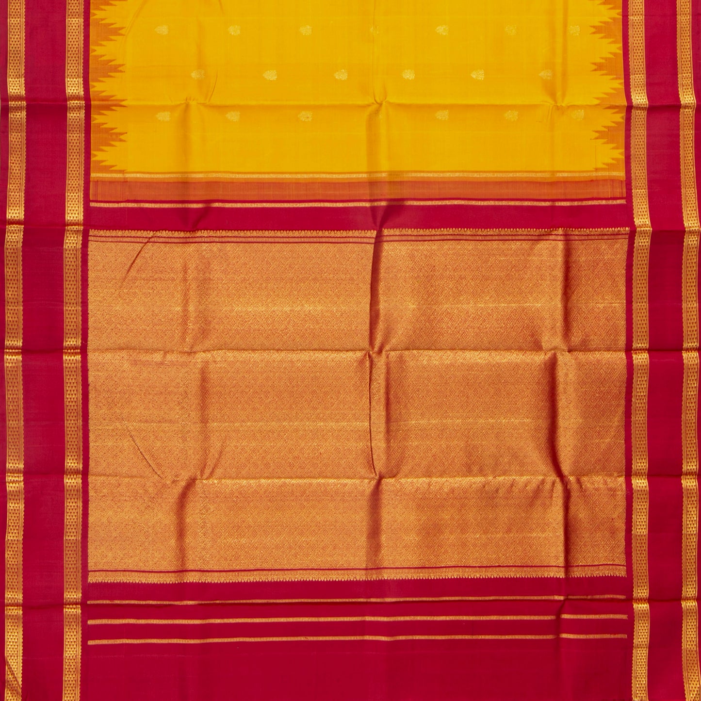 Yellow And Red Kanchipuram Silk Saree For Festive Wear PV NYC 1745