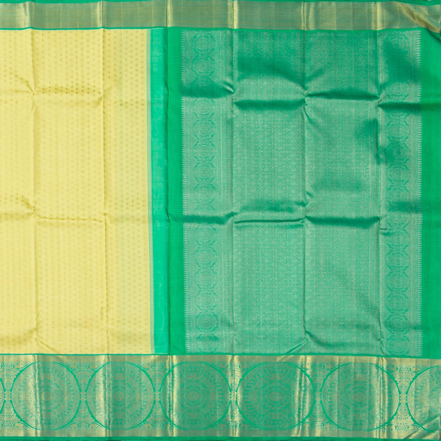 Pastel Yellow And Sea Green Kanchipuram Silk Saree For Festive Wear PV NYC 1871