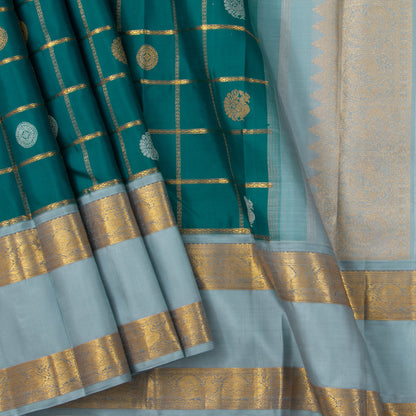 Mayilkazhuthu Green And Pastel Blue Kanjivaram Silk Saree With Medium Border Handwoven Pure Silk For Festive Wear PV J 10