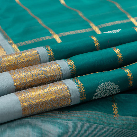 Mayilkazhuthu Green And Pastel Blue Kanjivaram Silk Saree With Medium Border Handwoven Pure Silk For Festive Wear PV J 10