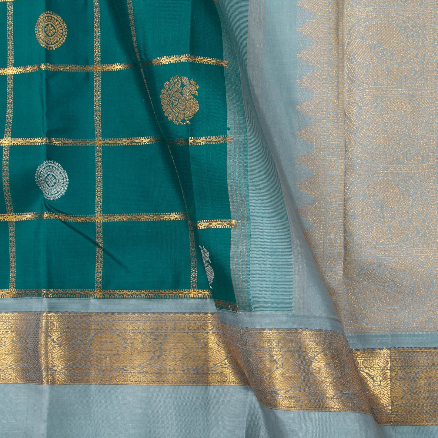 Mayilkazhuthu Green And Pastel Blue Kanjivaram Silk Saree With Medium Border Handwoven Pure Silk For Festive Wear PV J 10