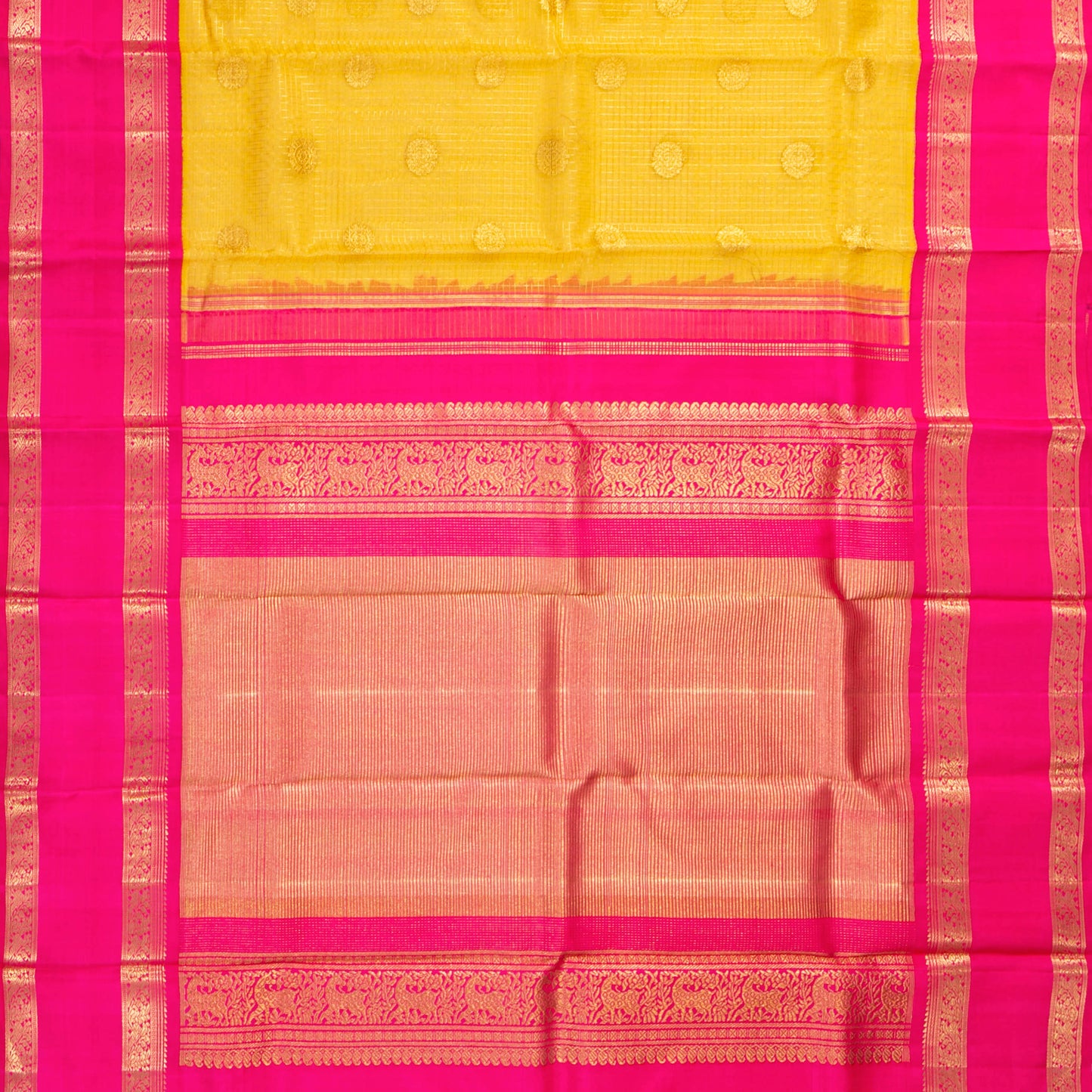 Yellow And Pink Kanchipuram Organza Silk Saree For Wedding Wear PV NYC 1916