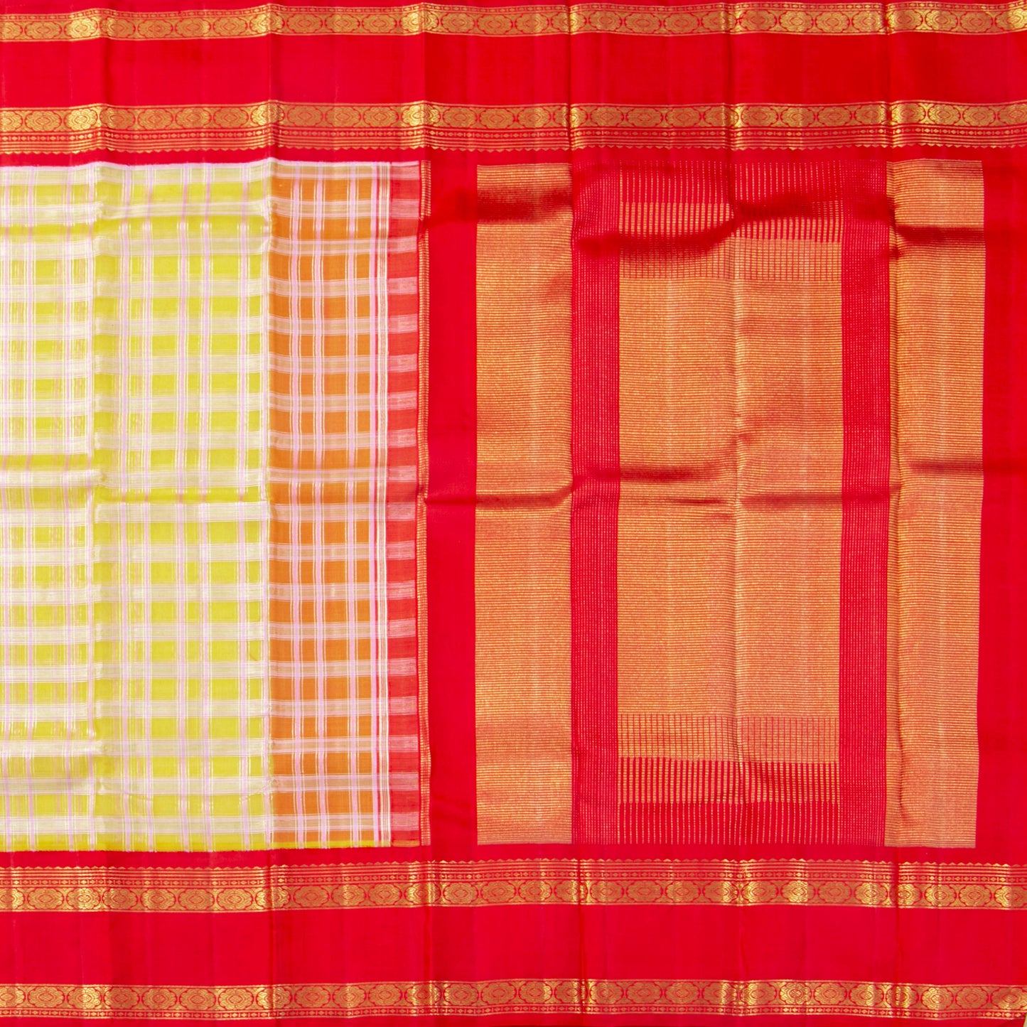 Yellow And Red Kanchipuram Organza Silk Saree For Wedding Wear PV NYC 1915