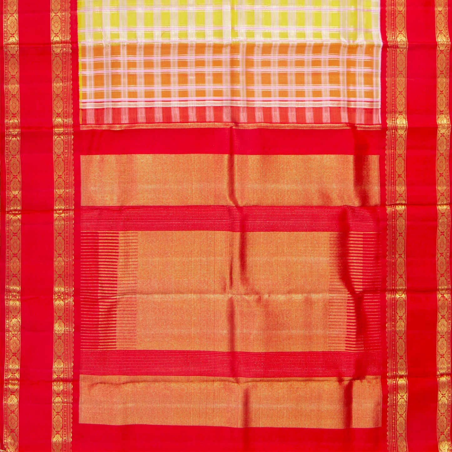 Yellow And Red Kanchipuram Organza Silk Saree For Wedding Wear PV NYC 1915