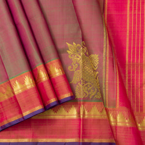 Manthulir Green Kanjivaram Silk Saree With Medium Border Handwoven Pure Silk For Festive Wear PV ABI 2242