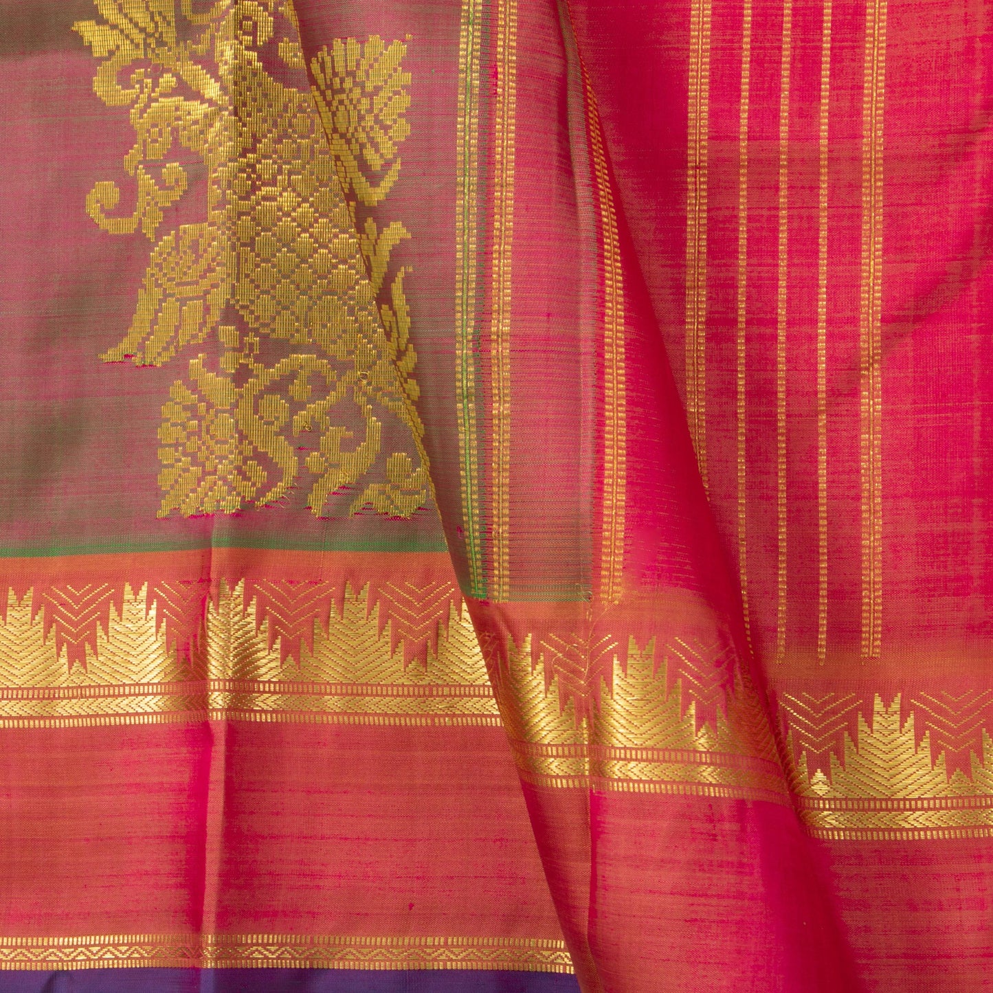 Manthulir Green Kanjivaram Silk Saree With Medium Border Handwoven Pure Silk For Festive Wear PV ABI 2242