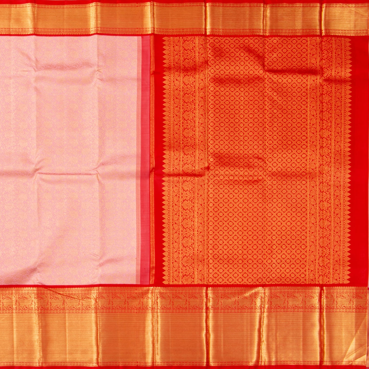 Pastel Pink And Red Kanchipuram Silk Saree With Gold Brocade For Bridal Wear PV NYC 1897