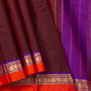 Brown And Purple Kanjivaram Silk Saree With Small Border Handwoven Pure Silk For Festive Wear PV J 3085