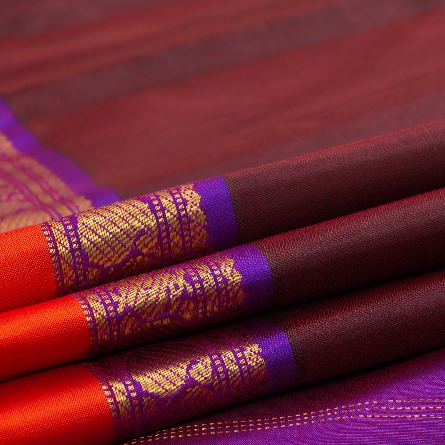 Brown And Purple Kanjivaram Silk Saree With Small Border Handwoven Pure Silk For Festive Wear PV J 3085