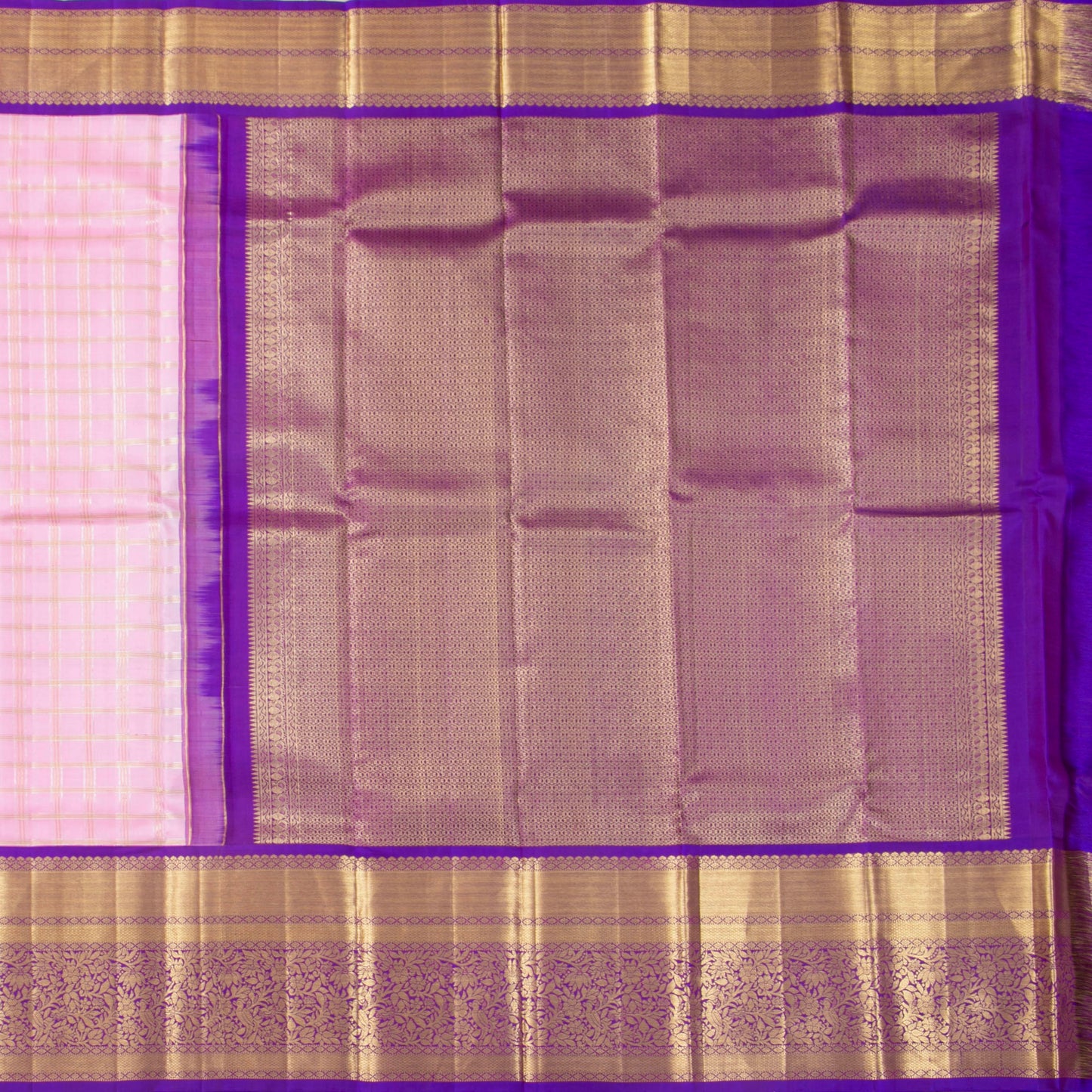 Lotus Pink And Violet Kanchipuram Silk Saree With Zari Checks For Bridal Wear PV NYC 1906
