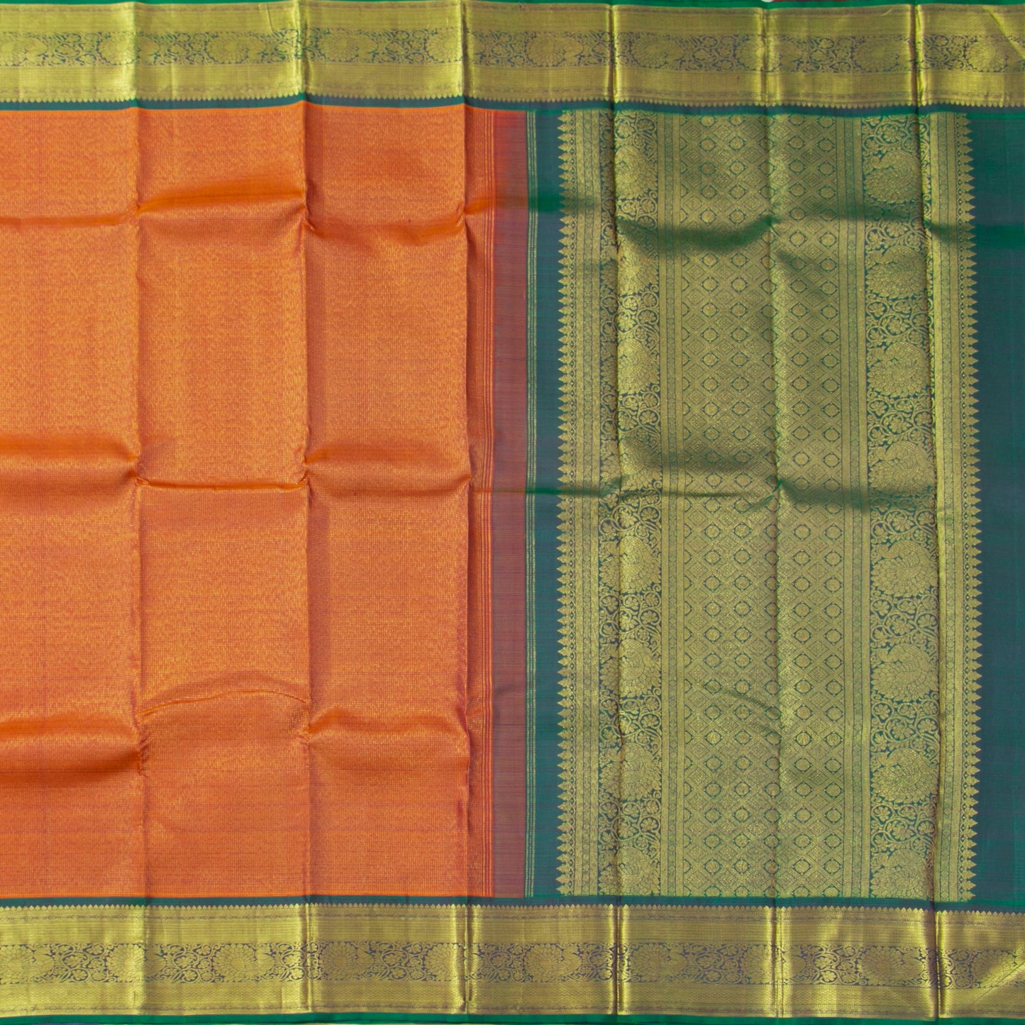Orange And Green Kanchipuram Silk Saree For Festive Wear PV NYC 1828
