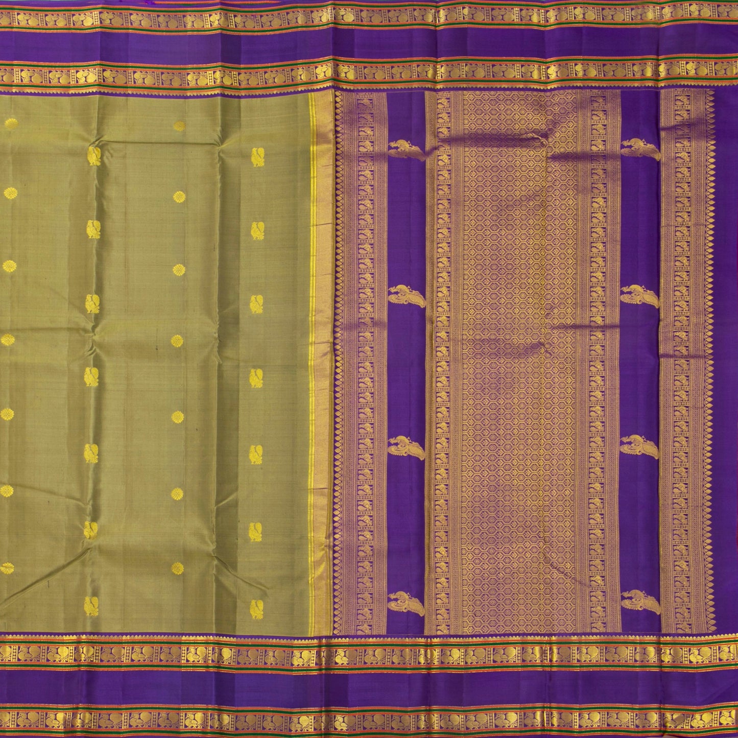 Olive Green And Violet Kanchipuram Silk Saree With Rettai Pettu Border For Wedding Wear PV NYC 1929