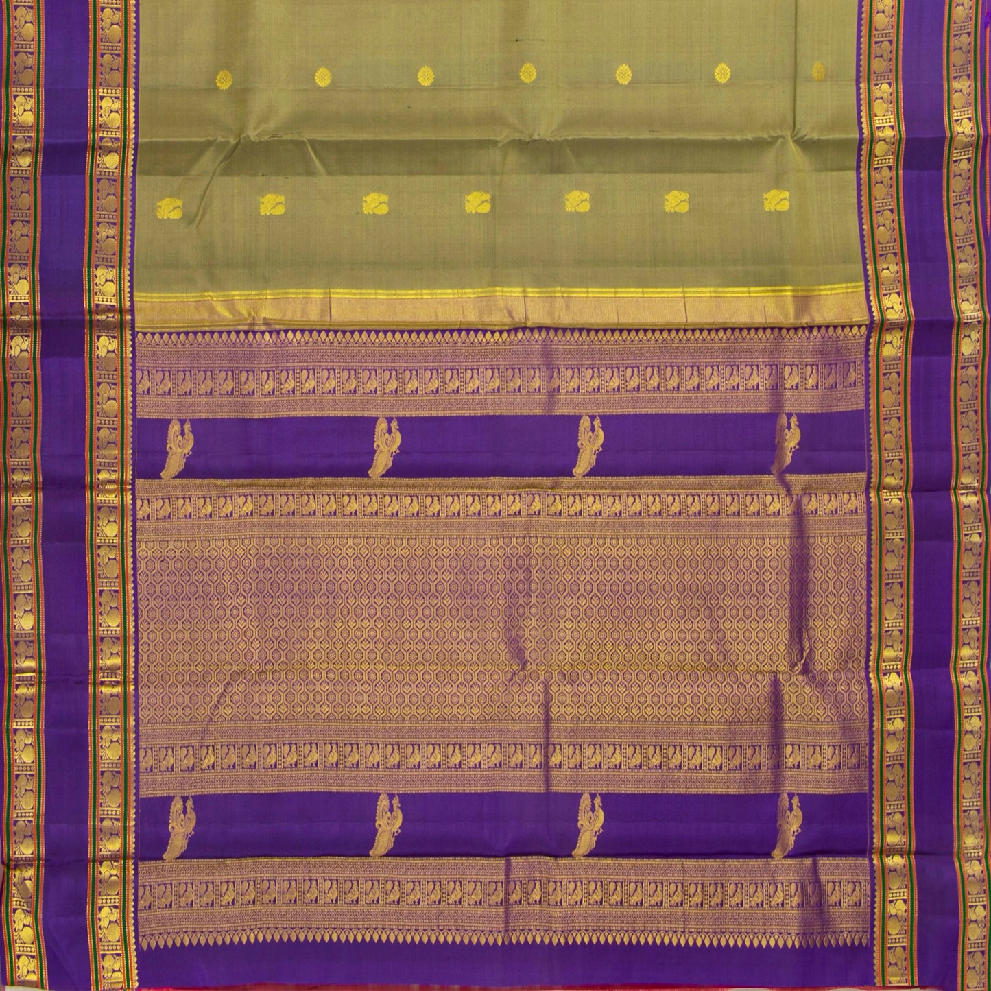 Olive Green And Violet Kanchipuram Silk Saree With Rettai Pettu Border For Wedding Wear PV NYC 1929