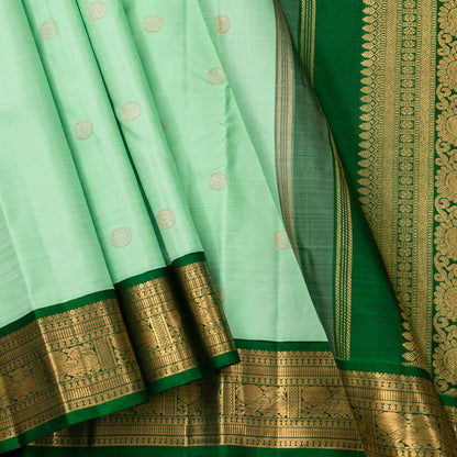 Green Kanchipuram Silk Saree With Korvai Contrast Borders For Wedding Wear PV VRS 2062