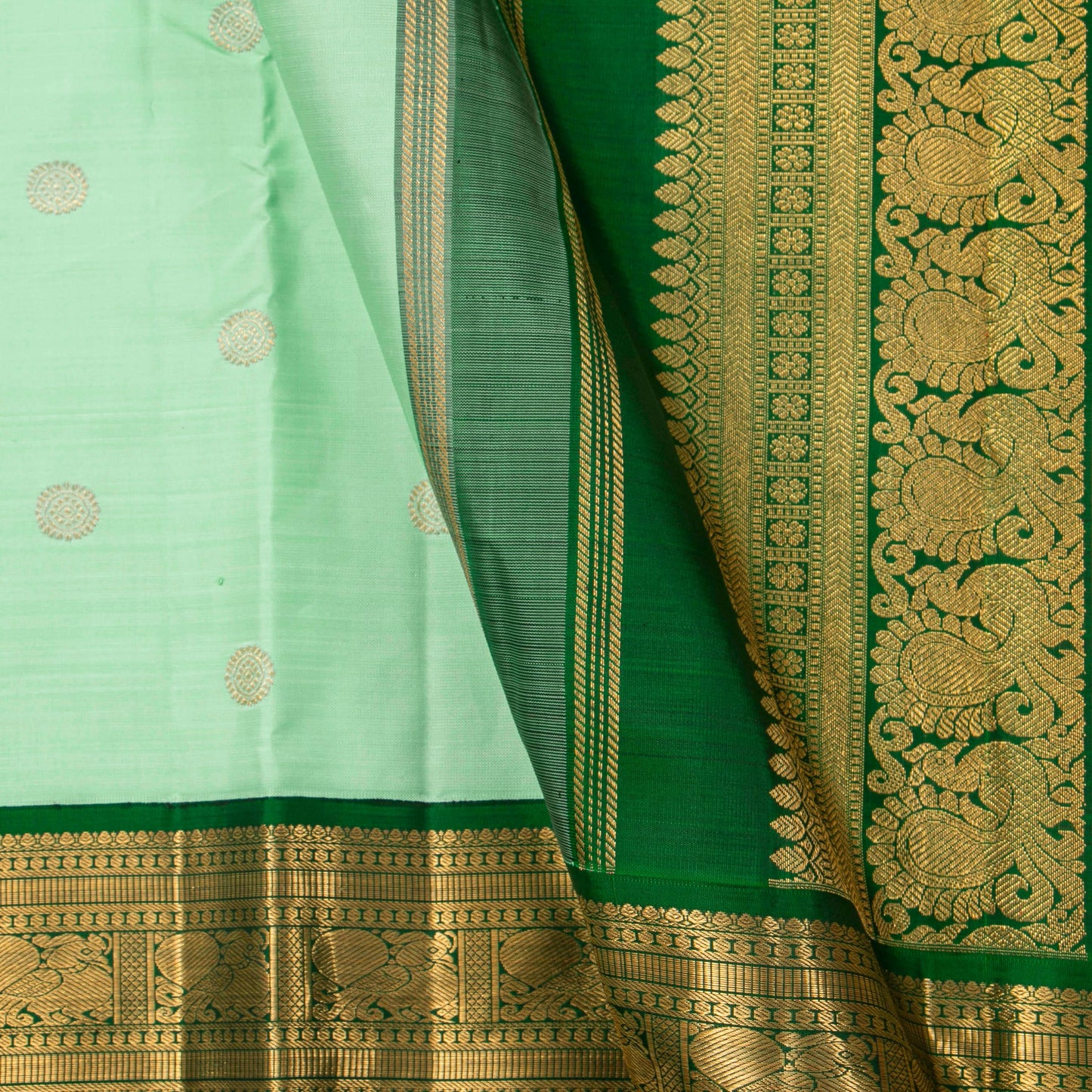 Green Kanchipuram Silk Saree With Korvai Contrast Borders For Wedding Wear PV VRS 2062