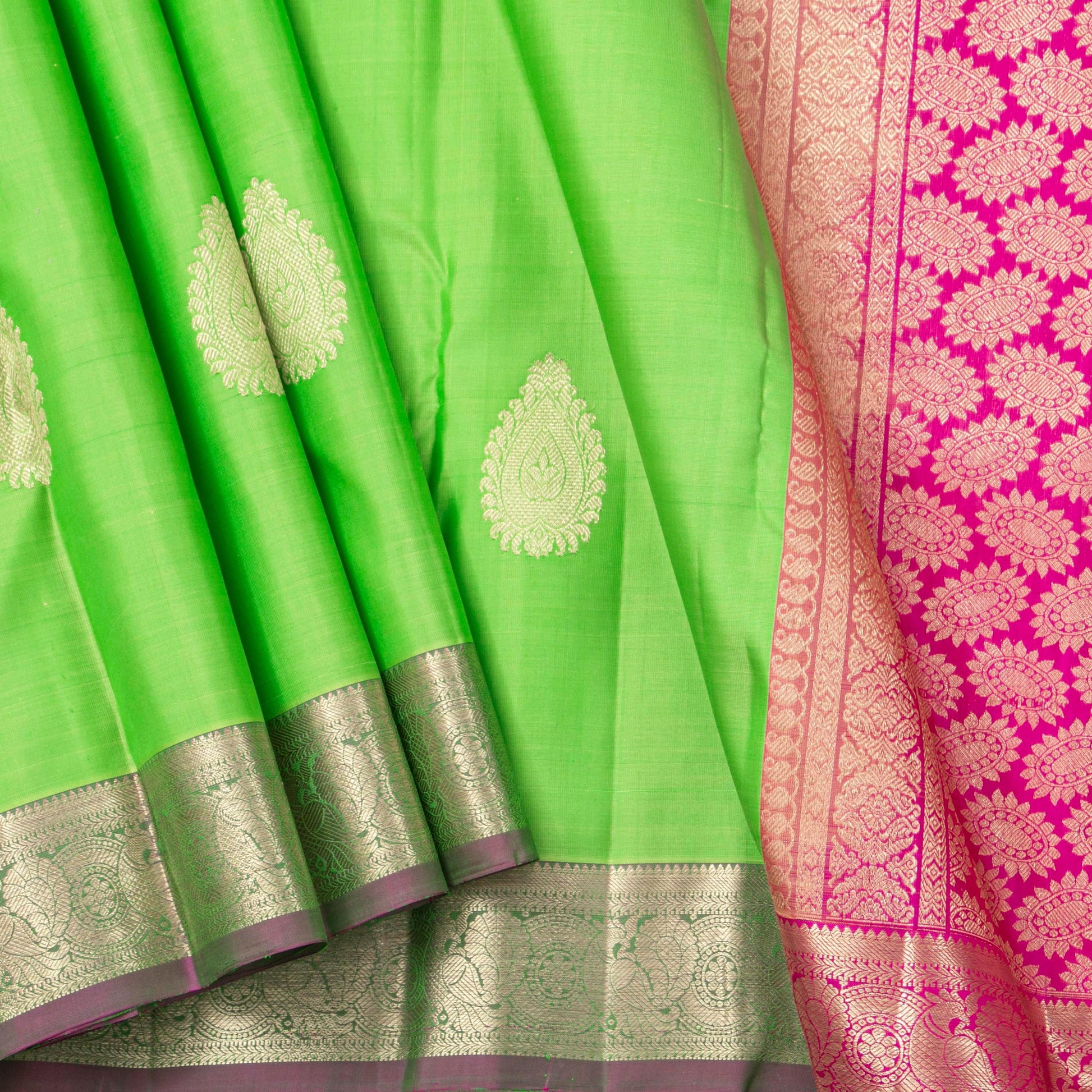 Green And Pink Kanchipuram Silk Saree For Festive Wear PV NYC 1864 - Silk Sari - Panjavarnam PV NYC 1864