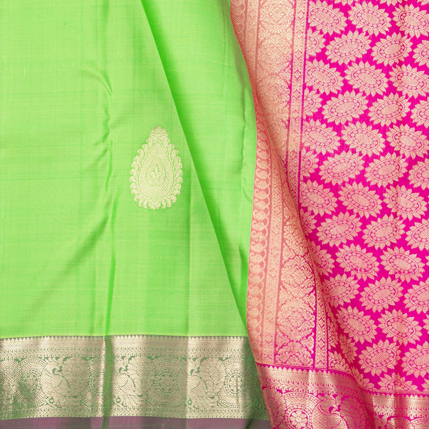 Green And Pink Kanchipuram Silk Saree For Festive Wear PV NYC 1864 - Silk Sari - Panjavarnam PV NYC 1864