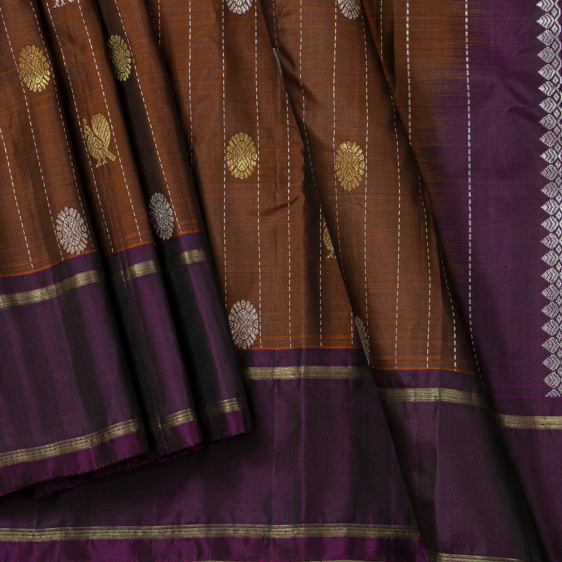 Brown And Purple Kanchipuram Silk Saree For Festive Wear PV NYC 1863 - Silk Sari - Panjavarnam PV NYC 1863