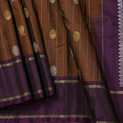 Brown And Purple Kanchipuram Silk Saree For Festive Wear PV NYC 1863 - Silk Sari - Panjavarnam PV NYC 1863