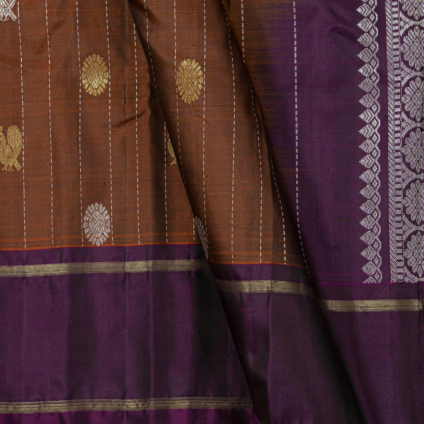 Brown And Purple Kanchipuram Silk Saree For Festive Wear PV NYC 1863 - Silk Sari - Panjavarnam PV NYC 1863