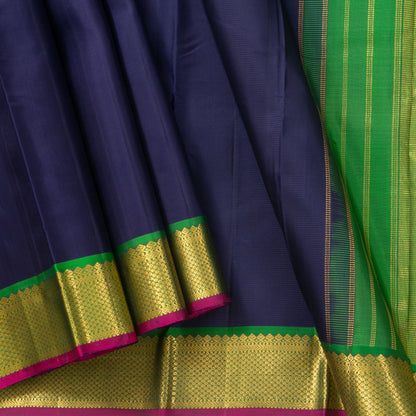 Navy Blue And Green Kanchipuram Silk Saree With Small Border Handwoven Pure Silk For Festive Wear PV J 3090