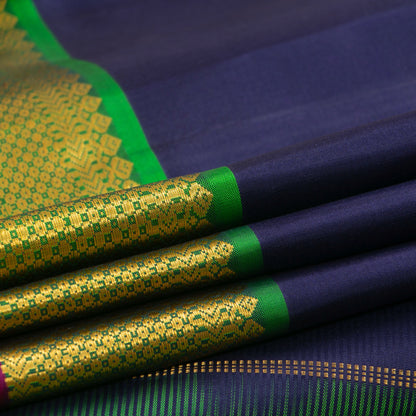 Navy Blue And Green Kanchipuram Silk Saree With Small Border Handwoven Pure Silk For Festive Wear PV J 3090