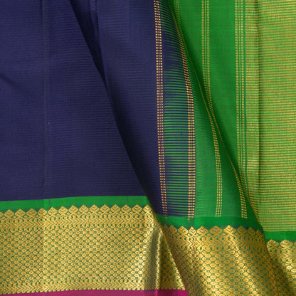 Navy Blue And Green Kanchipuram Silk Saree With Small Border Handwoven Pure Silk For Festive Wear PV J 3090