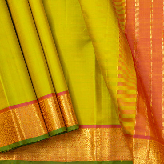 Green And Orange Kanchipuram Silk Saree For Festive Wear PV J 5576 - Silk Sari - Panjavarnam PV J 5576