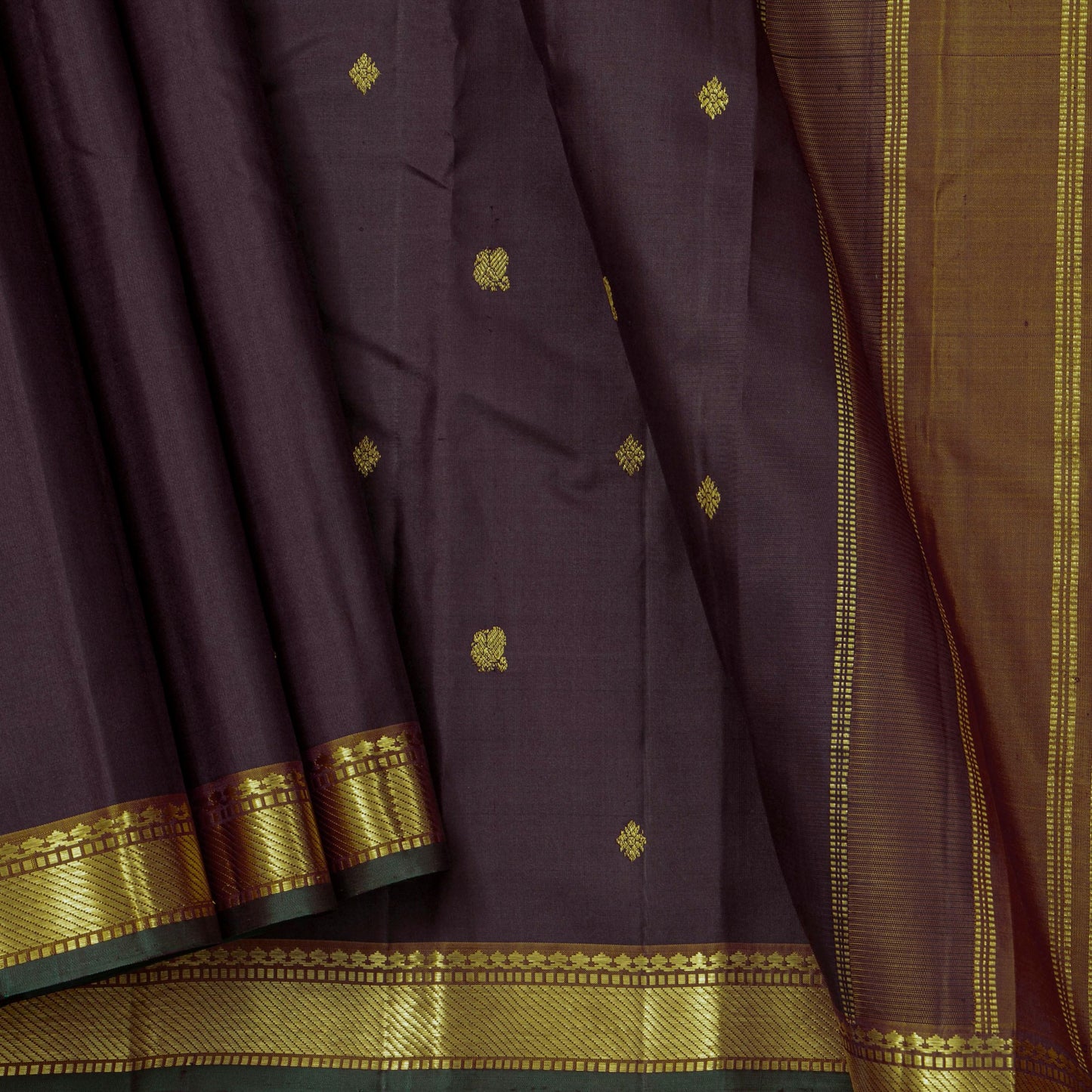 Brown And Mustard Kanchipuram Silk Saree For Festive Wear PV J 4511