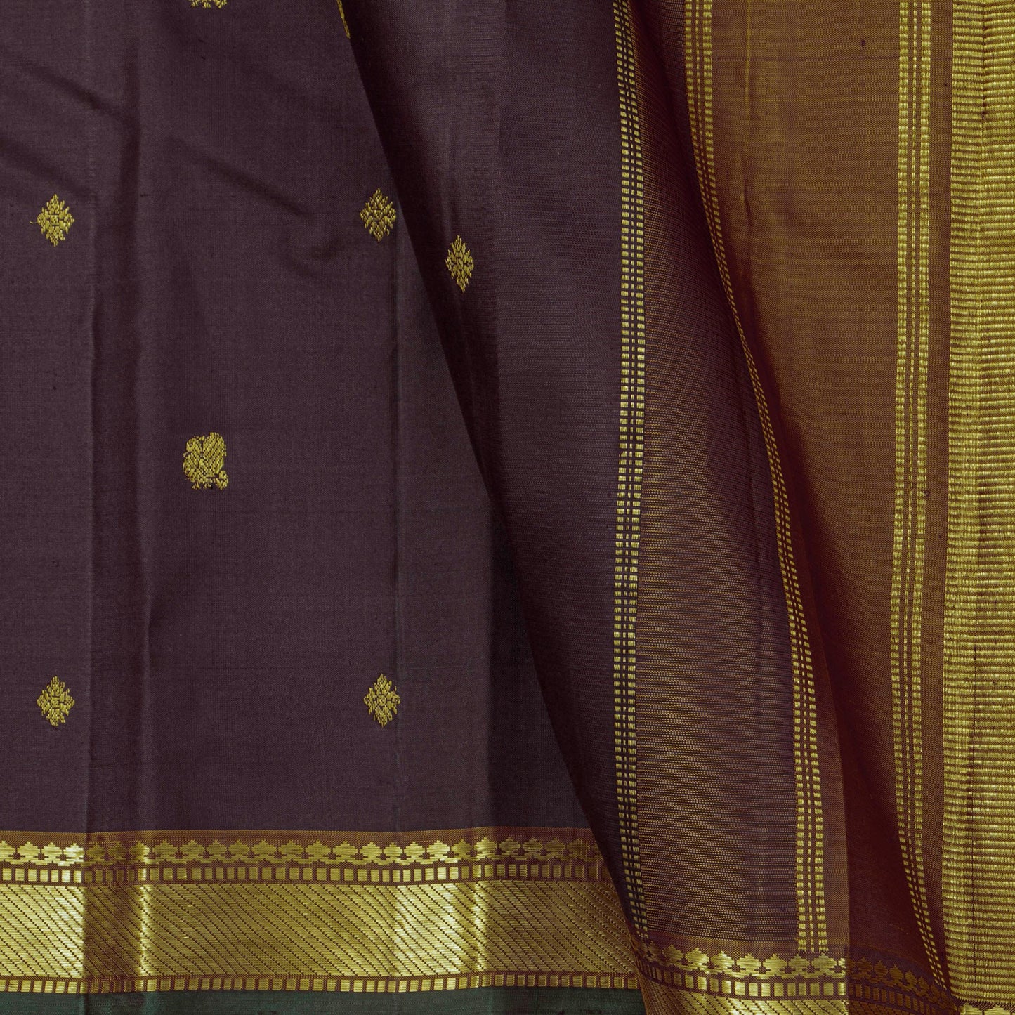 Brown And Mustard Kanchipuram Silk Saree For Festive Wear PV J 4511