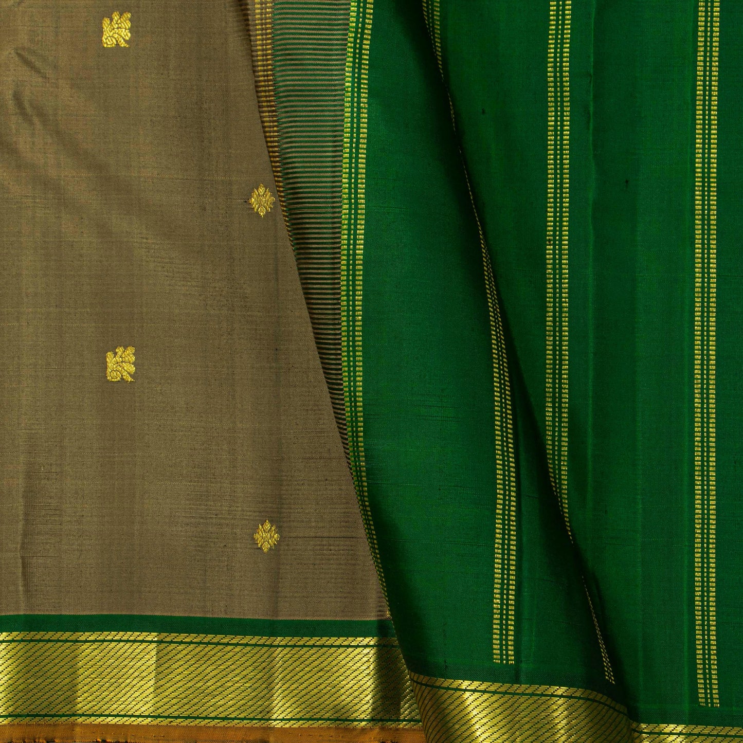 Grey And Green Kanchipuram Silk Saree For Festive Wear PV J 5152