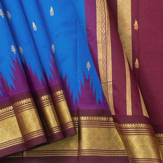 Blue And Brown Thirubhuvanam Silk Saree With Single Side Temple Border Handwoven Pure Silk For Festive Wear PV AN 102