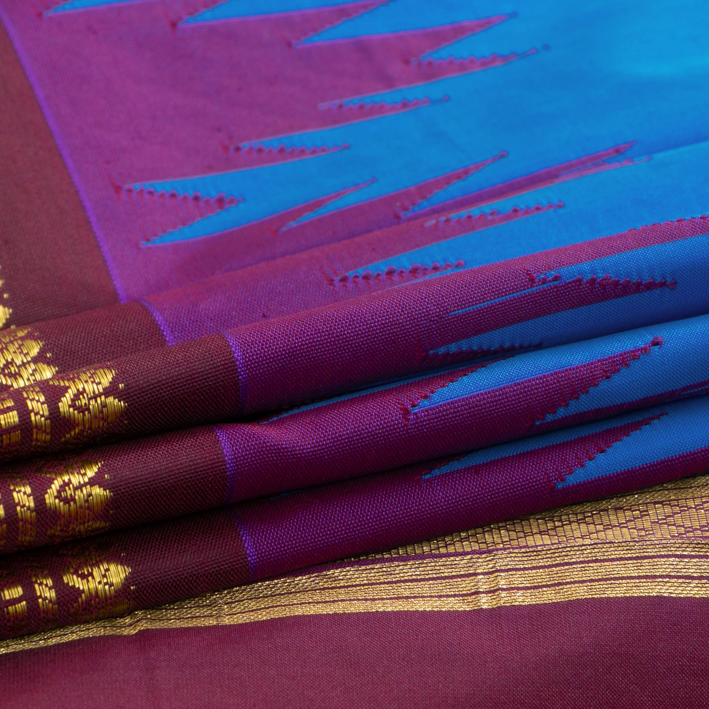 Blue And Brown Thirubhuvanam Silk Saree With Single Side Temple Border Handwoven Pure Silk For Festive Wear PV AN 102