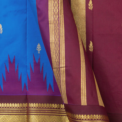 Blue And Brown Thirubhuvanam Silk Saree With Single Side Temple Border Handwoven Pure Silk For Festive Wear PV AN 102