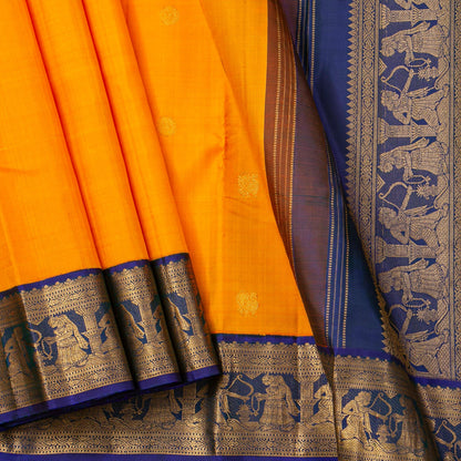 Yellow And Blue  Kanchipuram Silk Saree For Festive Wear PV J 4723