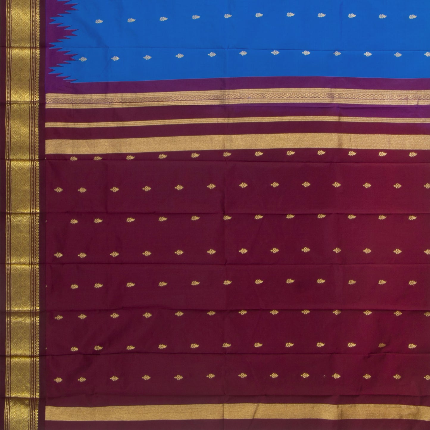 Blue And Brown Thirubhuvanam Silk Saree With Single Side Temple Border Handwoven Pure Silk For Festive Wear PV AN 102