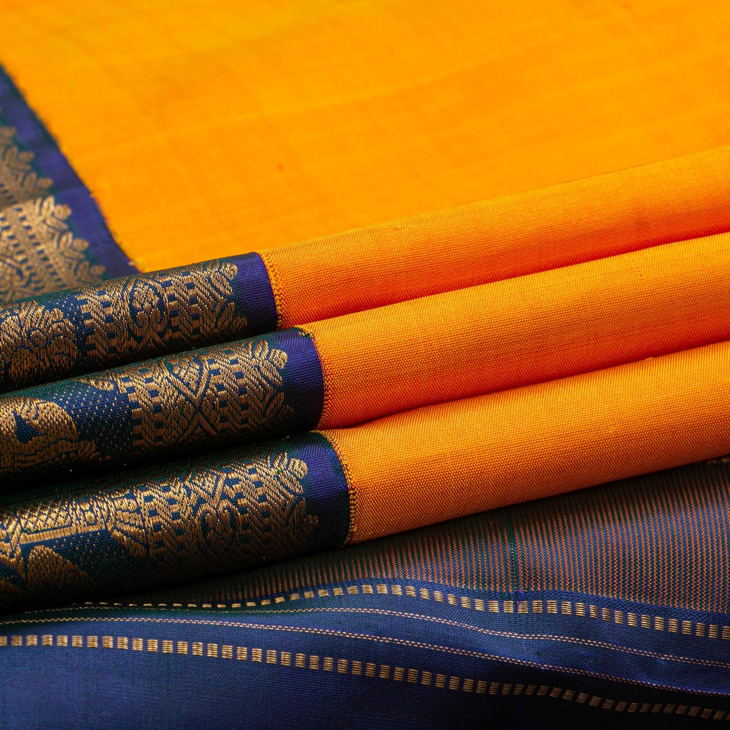 Yellow And Blue  Kanchipuram Silk Saree For Festive Wear PV J 4723