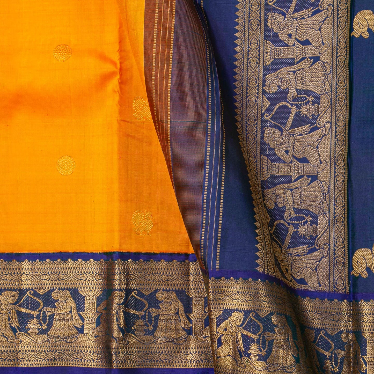 Yellow And Blue  Kanchipuram Silk Saree For Festive Wear PV J 4723