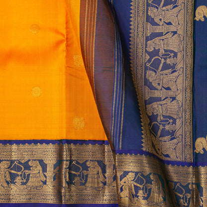 Yellow And Blue  Kanchipuram Silk Saree For Festive Wear PV J 4723