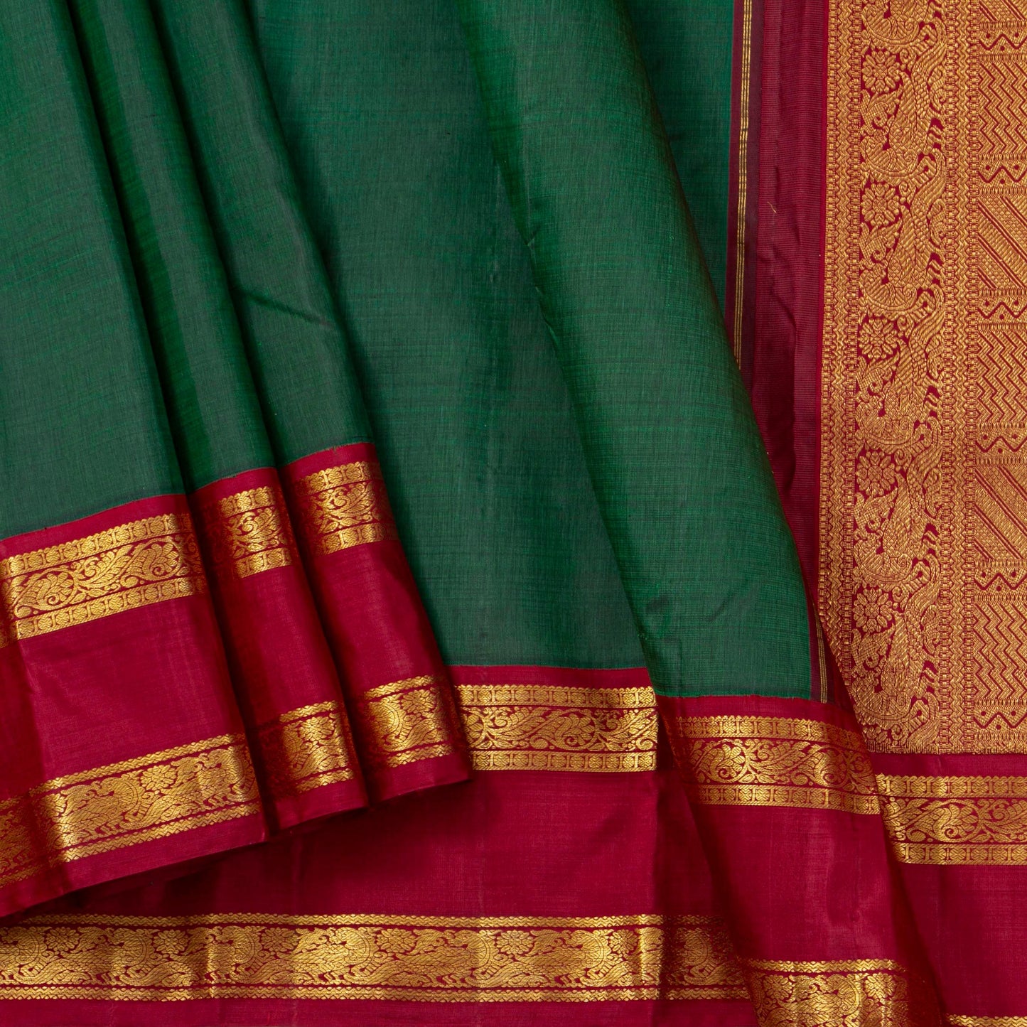 Green And Red Kanchipuram Silk Saree For Festive Wear PV J 4994
