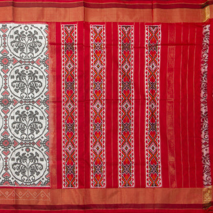 White Pochampally Silk Saree With Red Border Ikkat Handwoven Pure Silk For Office Wear PIK SIV 107