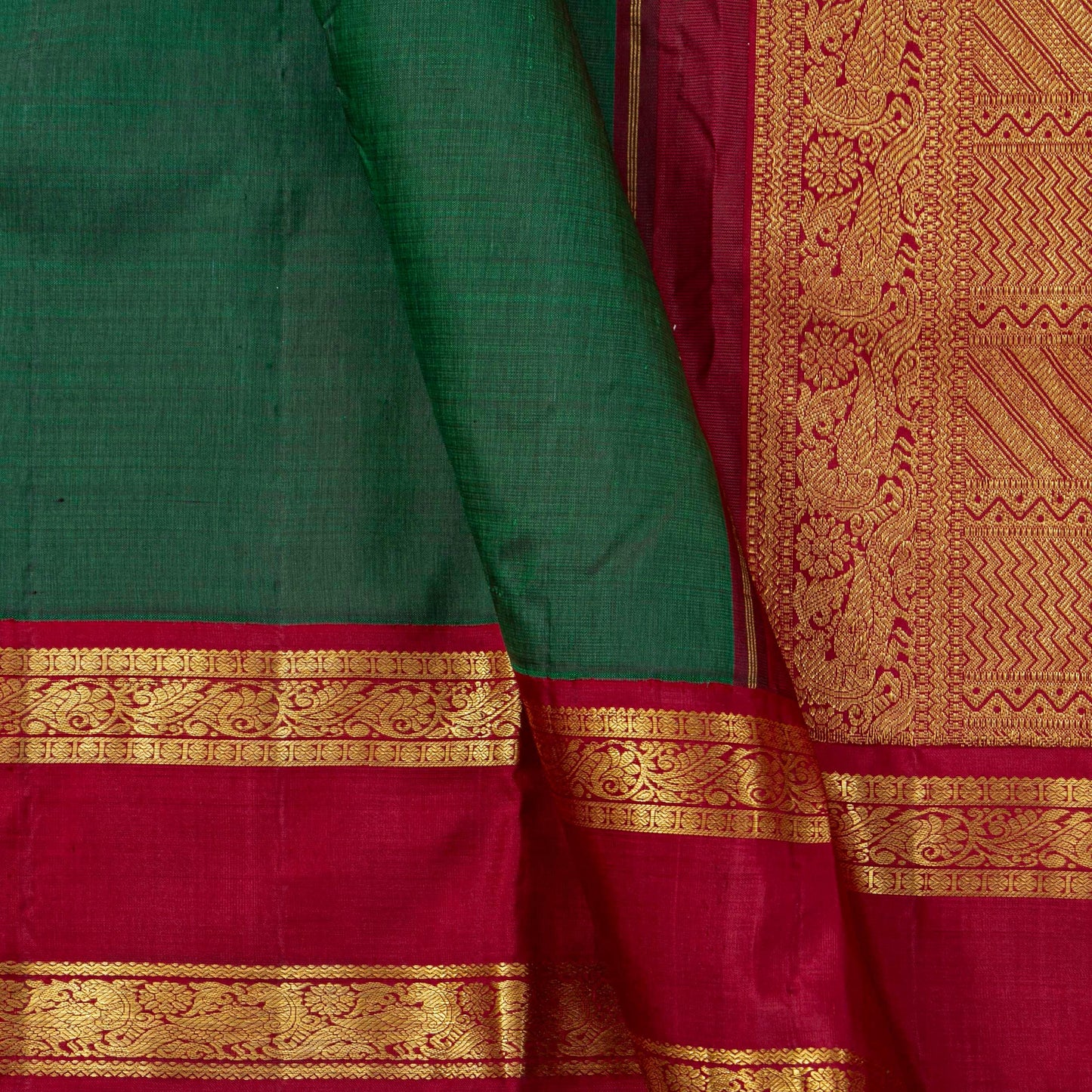 Green And Red Kanchipuram Silk Saree For Festive Wear PV J 4994
