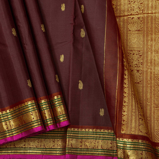 Brown Kanchipuram Silk Saree For Festive Wear PV J 5573 - Silk Sari - Panjavarnam PV J 5573