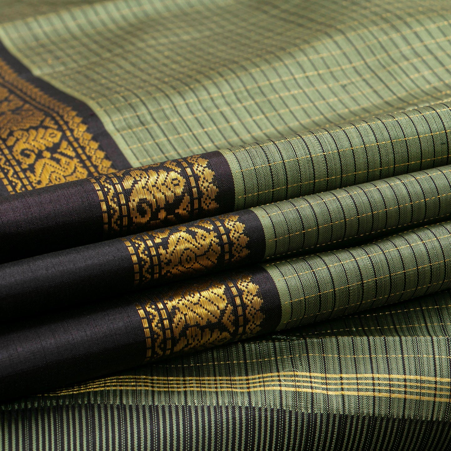 Green And Black Kanchipuram Silk Saree For Festive Wear PV J 5278