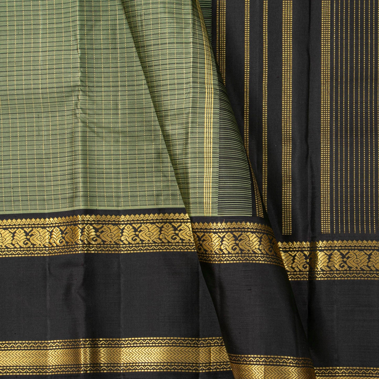 Green And Black Kanchipuram Silk Saree For Festive Wear PV J 5278